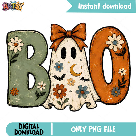 Boo Floral Ghost Halloween PNG, Retro Ghost With Bow PNG, Spooky PNG