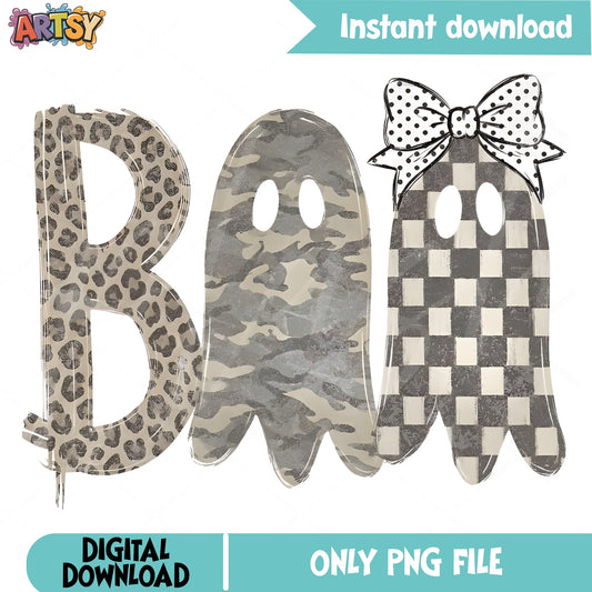 Boo Ghost Halloween PNG, Leopard Camo Checkered Ghost, Halloween PNG