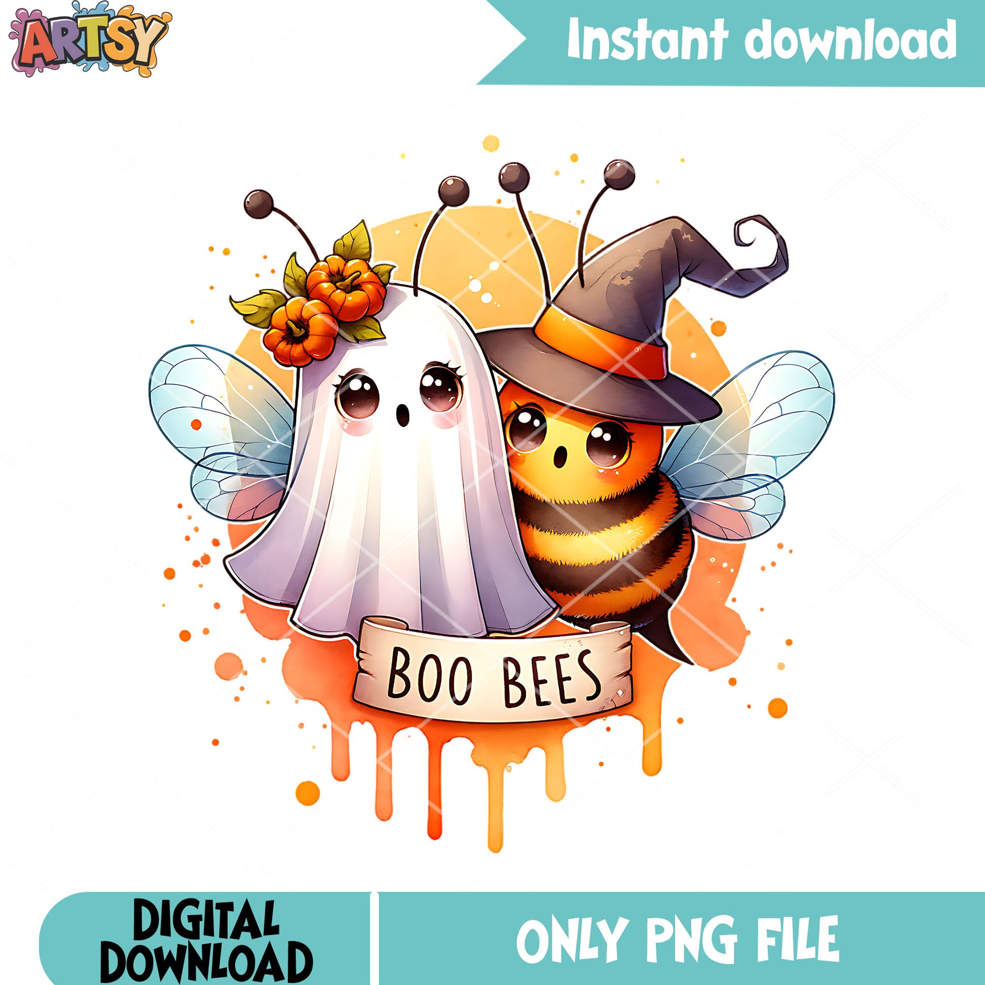 Boo bees flower png, ghost costume png, halloween scary png