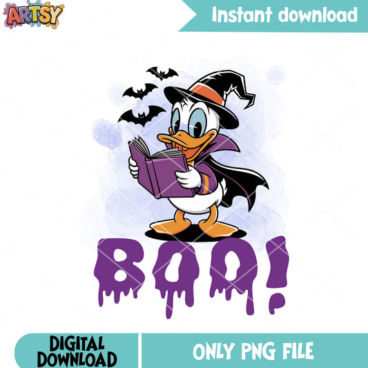 Boo donald duck png, witch costume png, black cloak png
