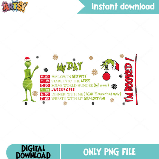 Booking grinch is so hard png, santa costume png, snowflake png