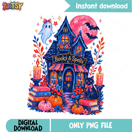 Books And Spells Haunted House PNG, Halloween Ghost PNG, Witch PNG