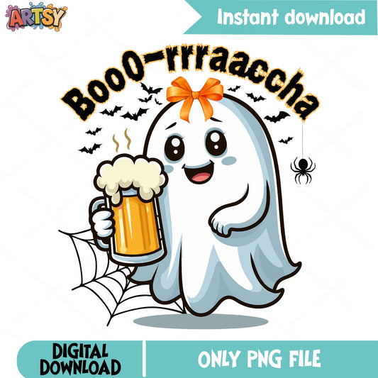Boooo-rrraaaccha Ghost With Beer PNG, Halloween PNG, Funny Ghost PNG