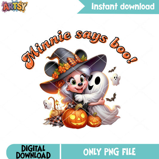 Boo says Minnie png, scary pumpkin halloween png, witch hats png