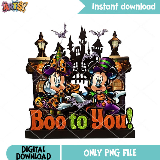 Boo to you scary bat png, spooky castle png, disney character png