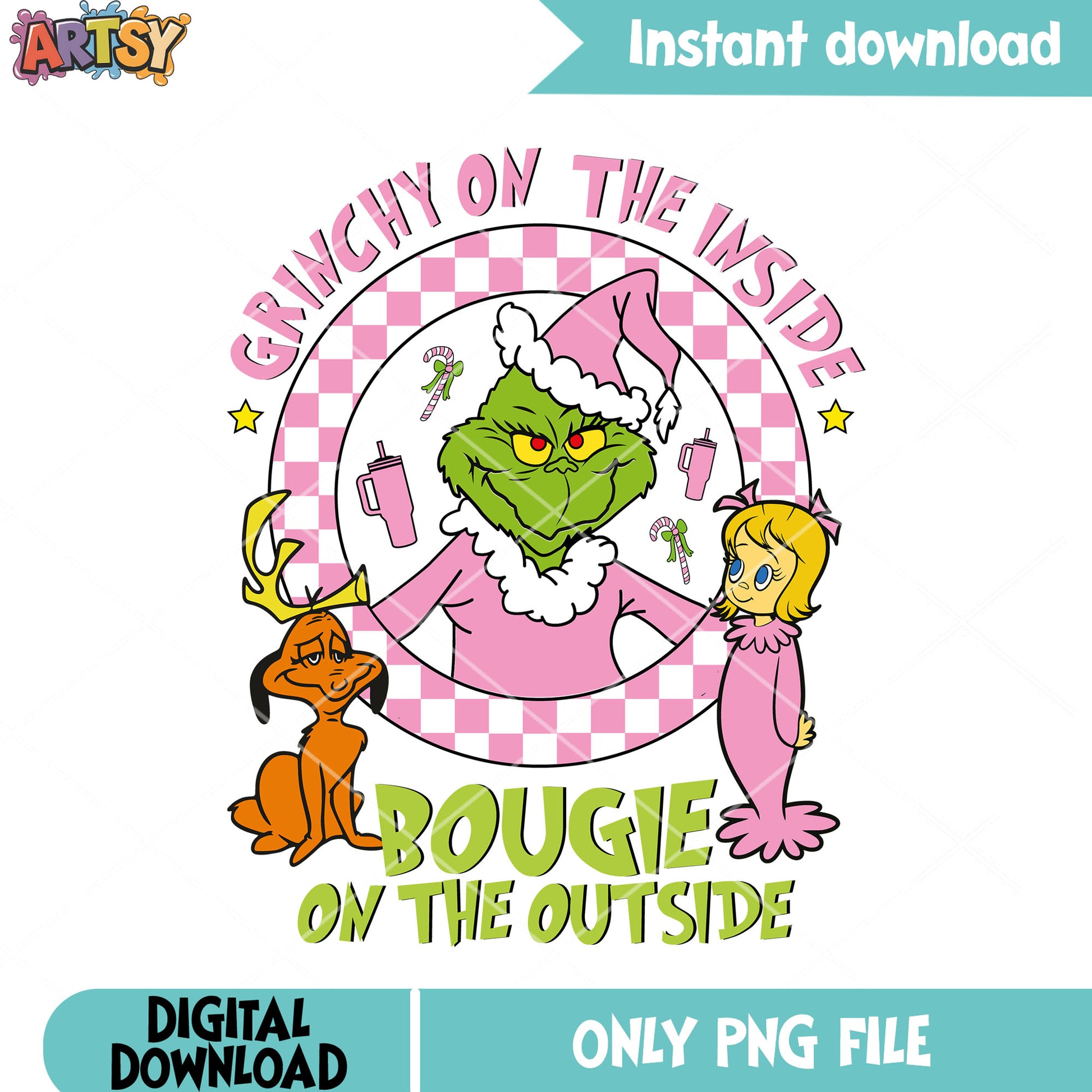 Bougie on the outside png, the grinch png, christmas cards png