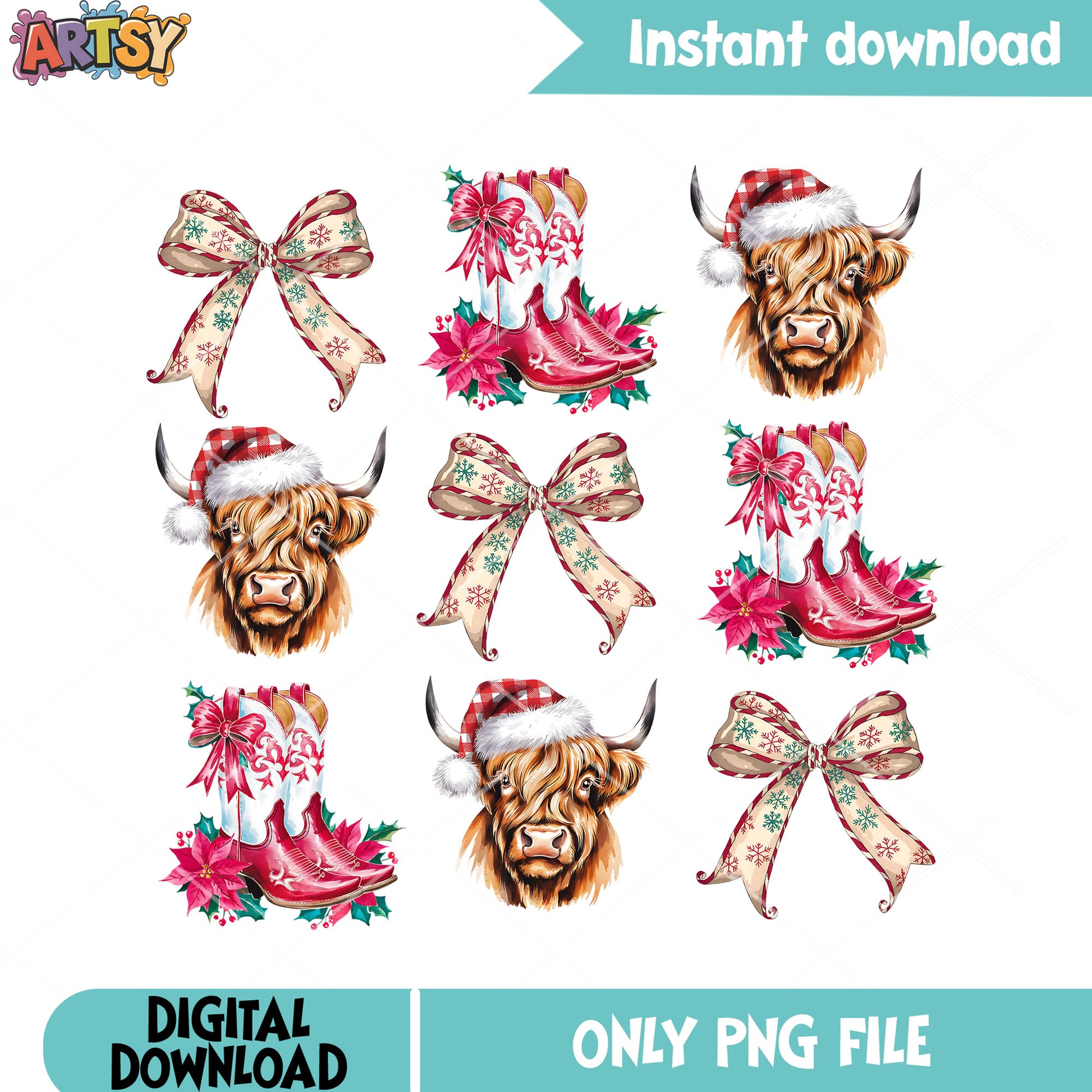 Bow pinky xmas png, christmas bow png, christmas highland cow​ png