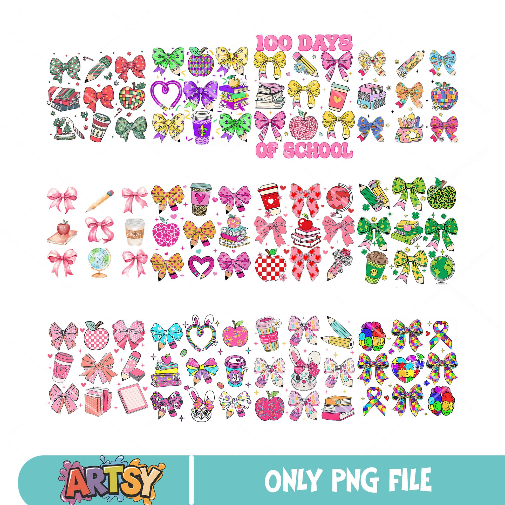 Bow tie school vibes png bundle, school vibes png, 100 days of school png