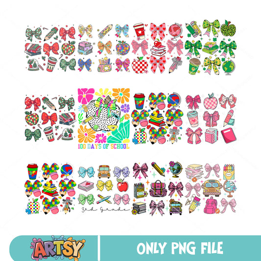 Bow vibes school png bundle, school vibes png, apple school​ png