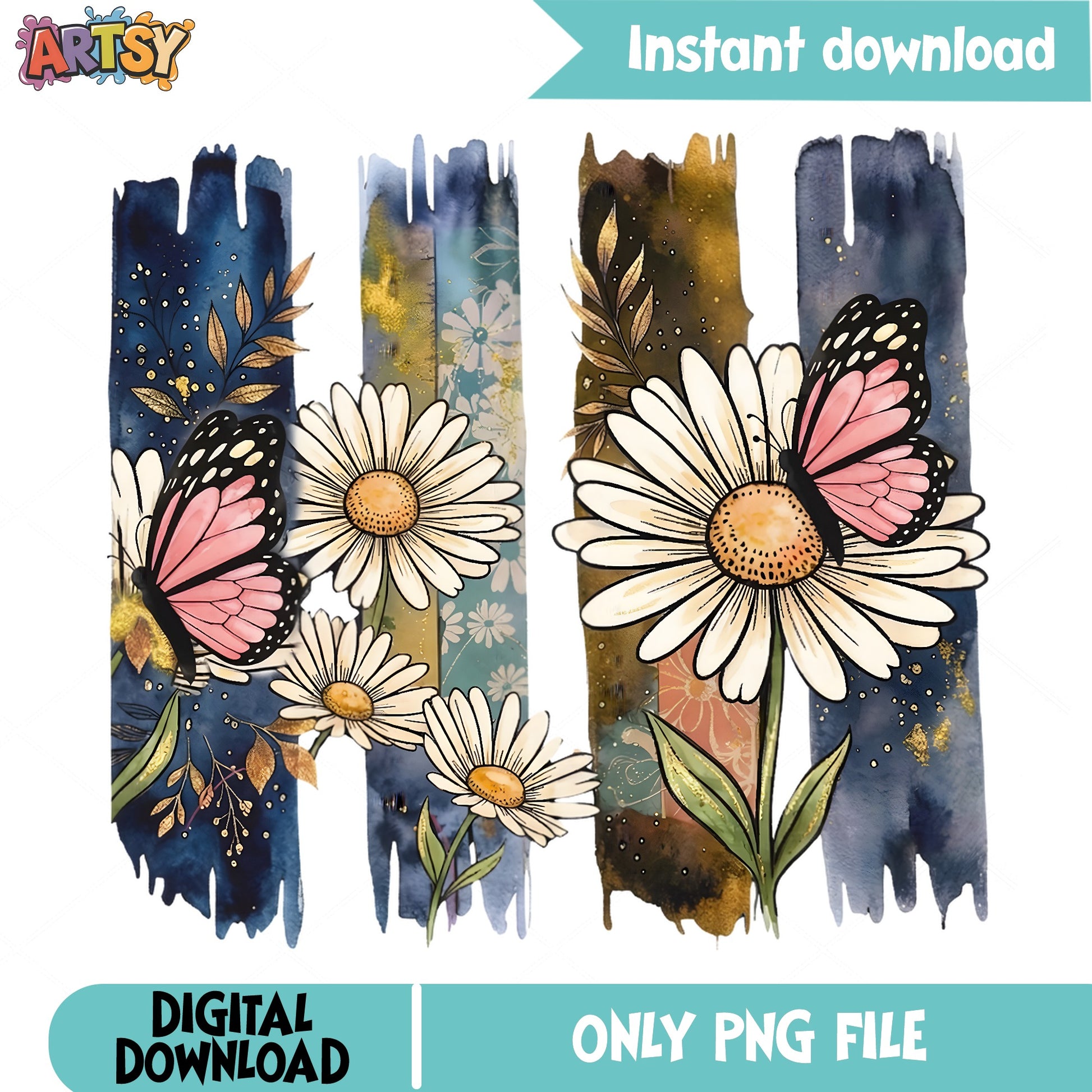 Butterfly Daisy Watercolor PNG, Floral Brush Stroke PNG, Boho PNG