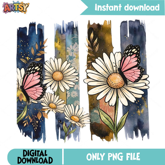 Butterfly Daisy Watercolor PNG, Floral Brush Stroke PNG, Boho PNG
