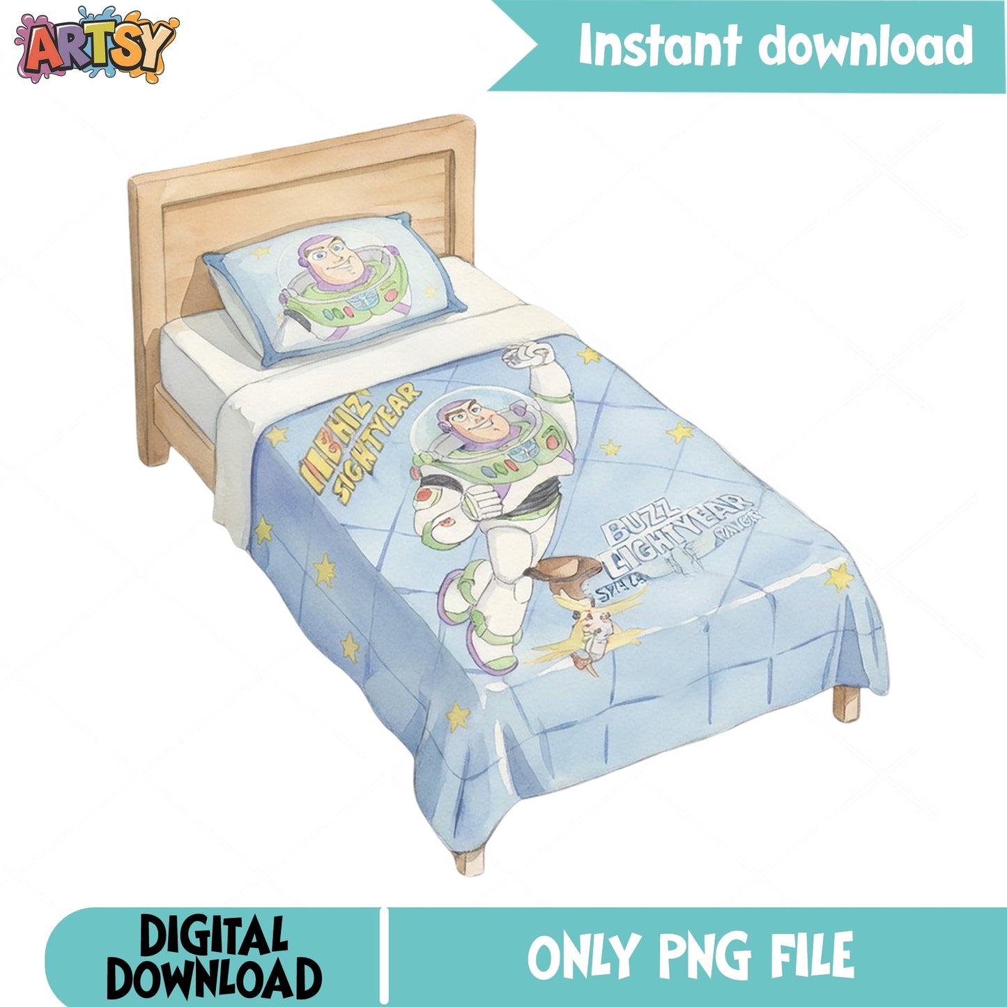 Buzz Lightyear Toy Story Bed PNG, Disney Woody PNG, Kids Room PNG