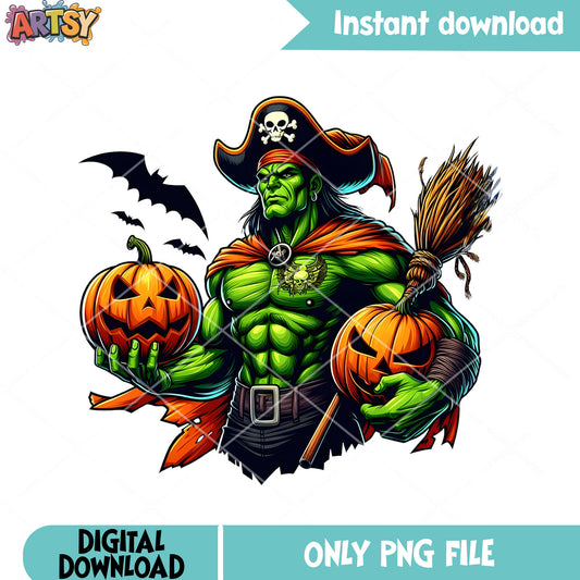 Captain Bruce banner png, scary halloween pumpkin​ png, pirate costume png