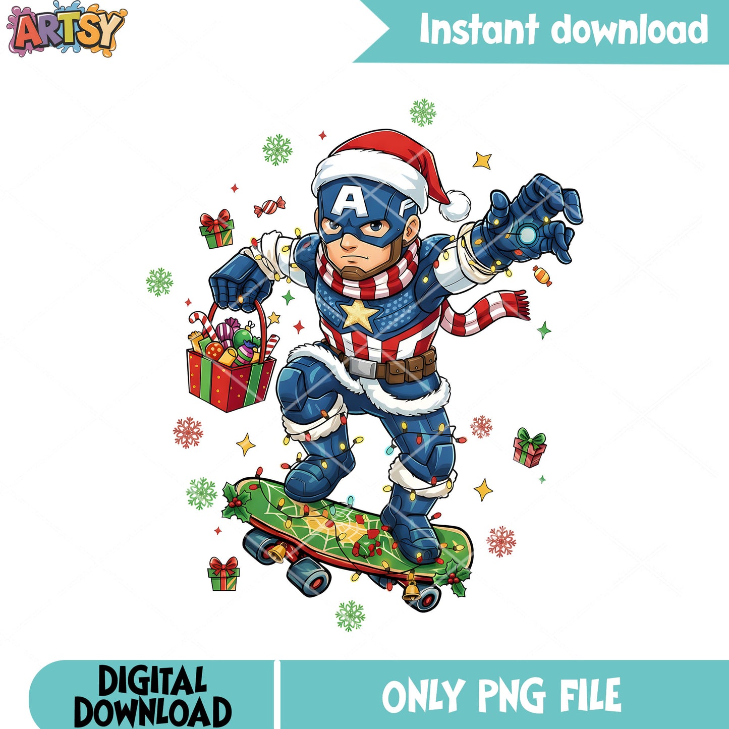 Captain christmas png, skateboard png, christmas present png
