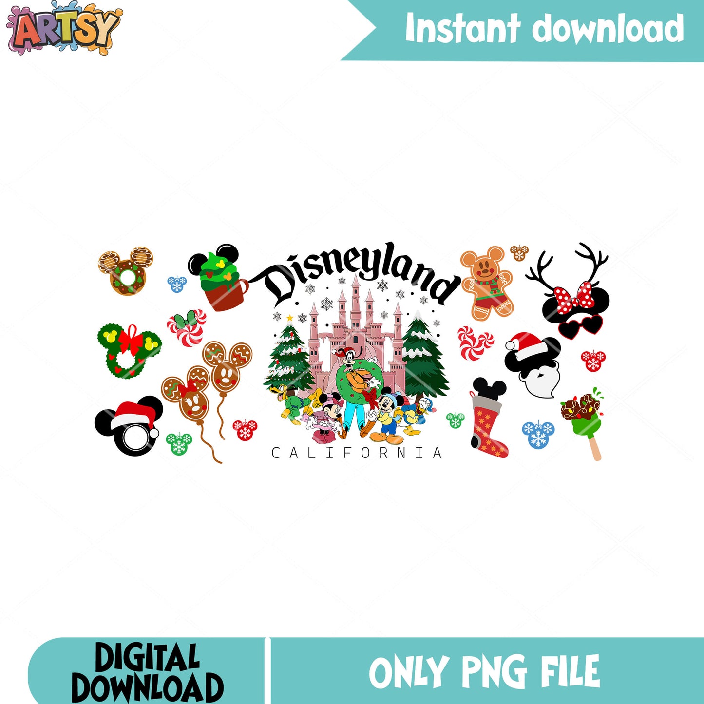 Carlifornia disneyland png, disney christmas png, christmas vibes png