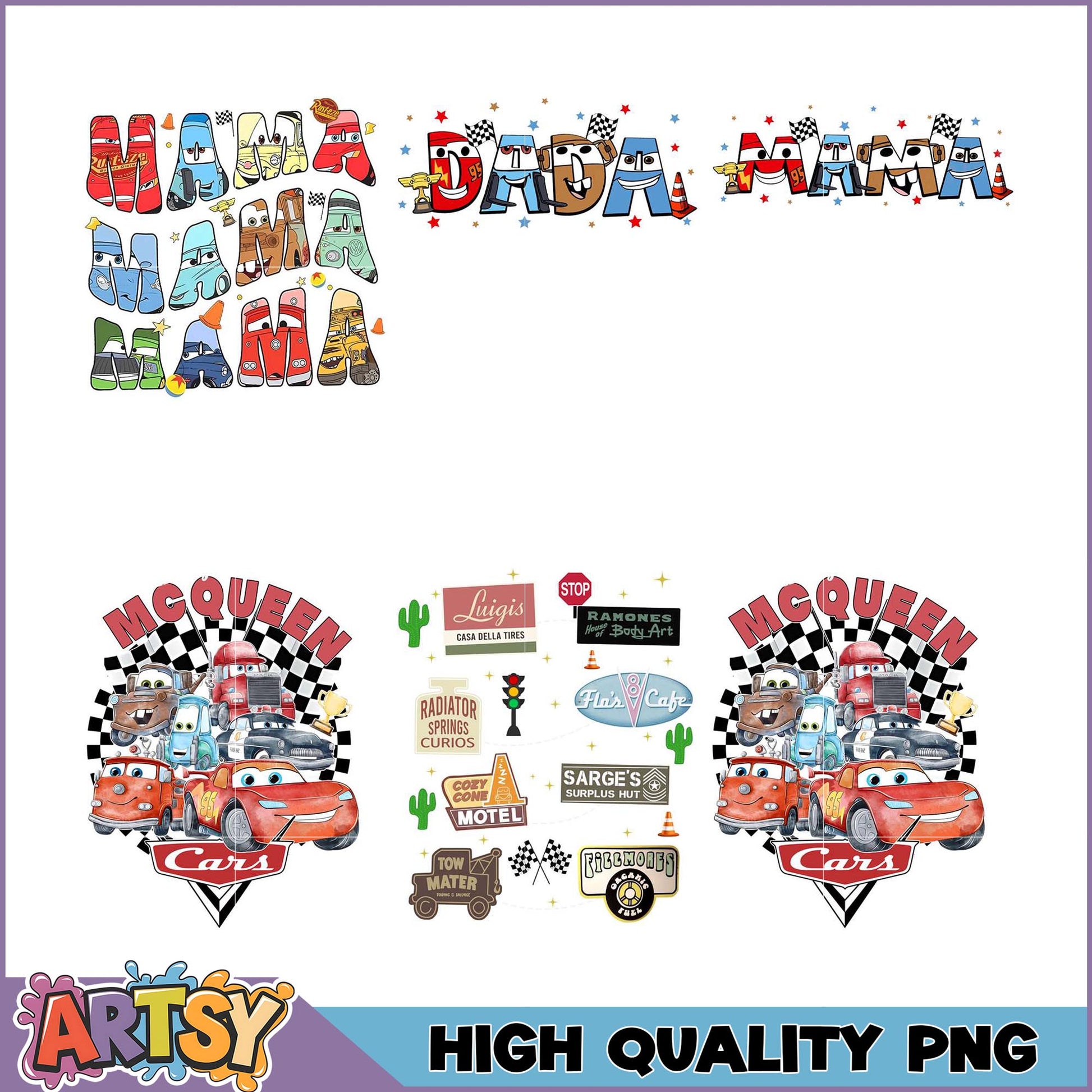 Cars Movie PNG Bundle Mama, Dada, McQueen Designs