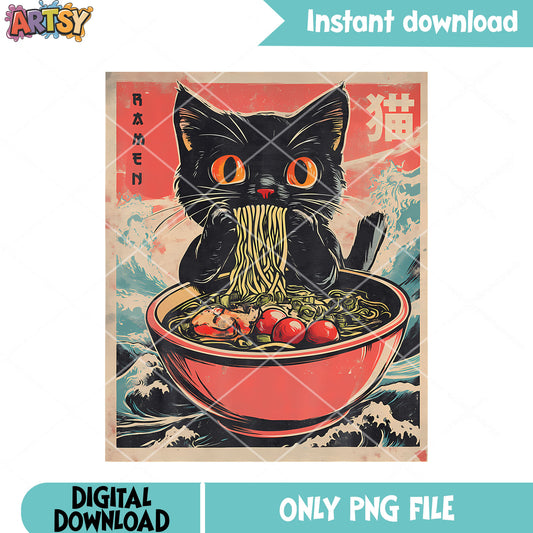 Cat Ramen Japanese Tees Kawaii png, black cat png, japanese ramen png