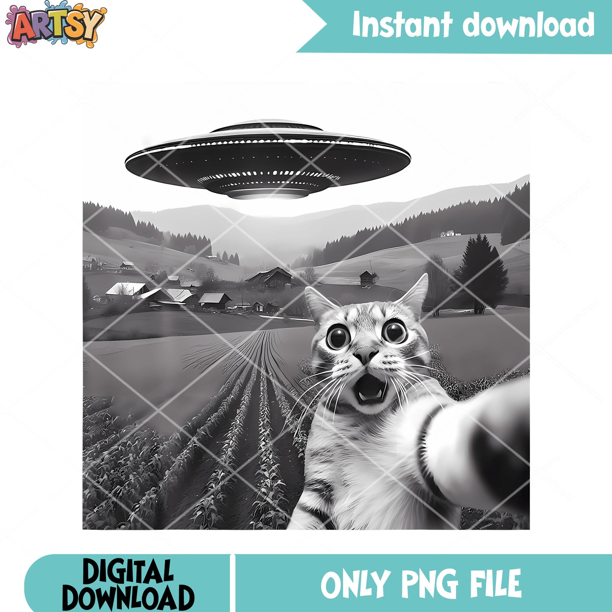 Cat Selfie With Alien Ufo Funny Cat png, ufo png, funny art png