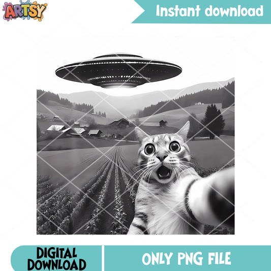 Cat Selfie With Alien Ufo Funny Cat png, ufo png, funny art png