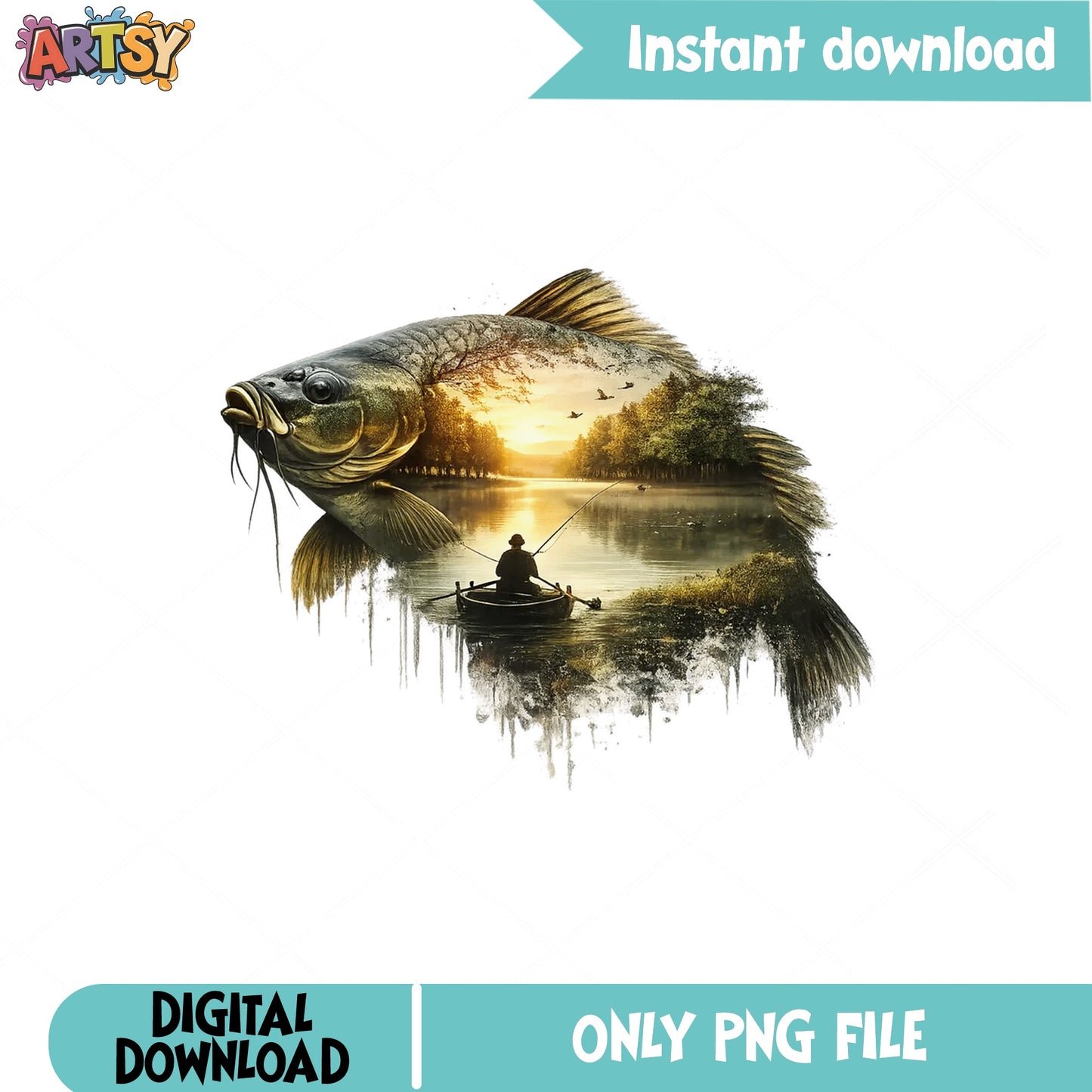 Catfish Fishing Double Exposure PNG, Fisherman Boat PNG, Fisher PNG