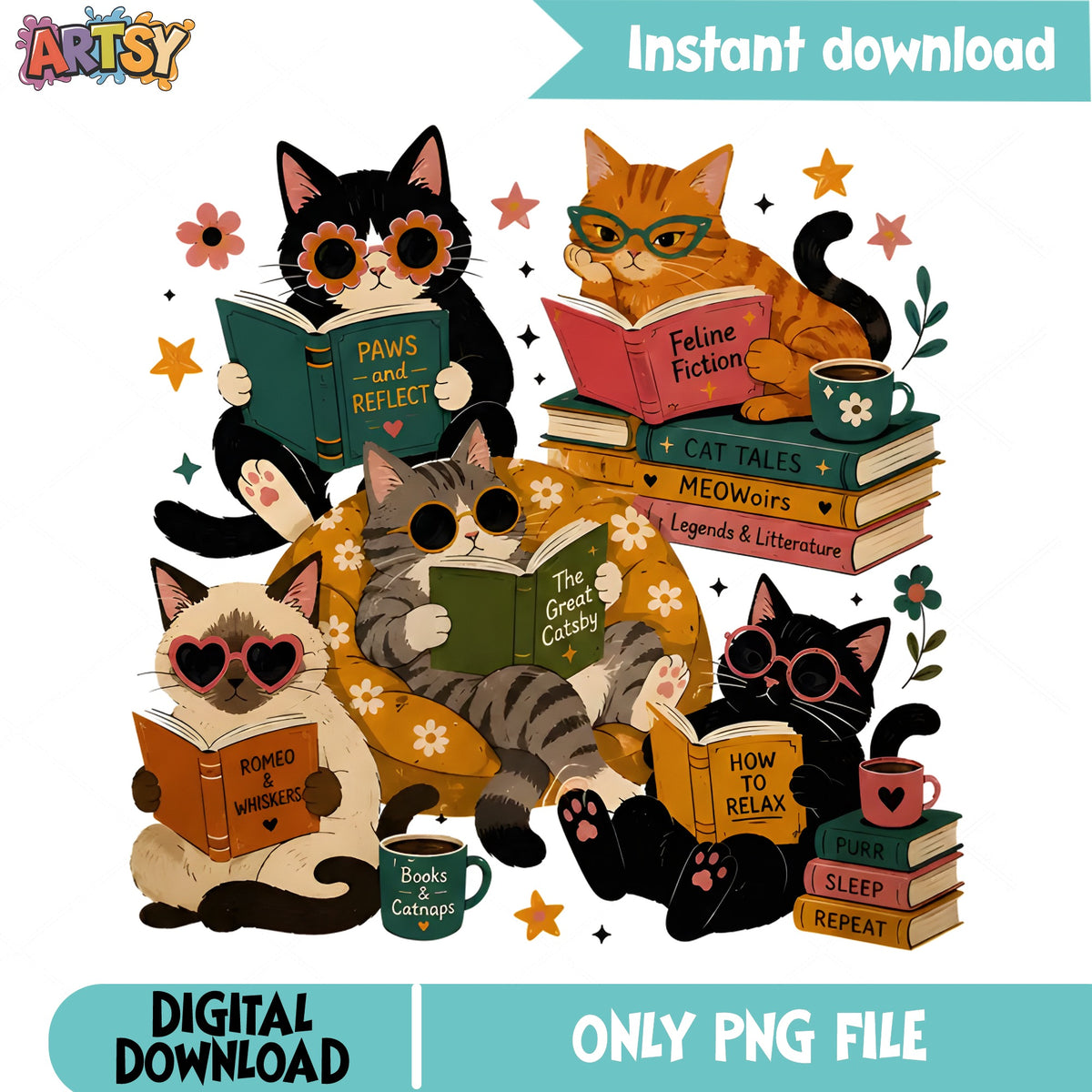 Cats Reading Books PNG, Book Lover Cat PNG, Funny Cat PNG