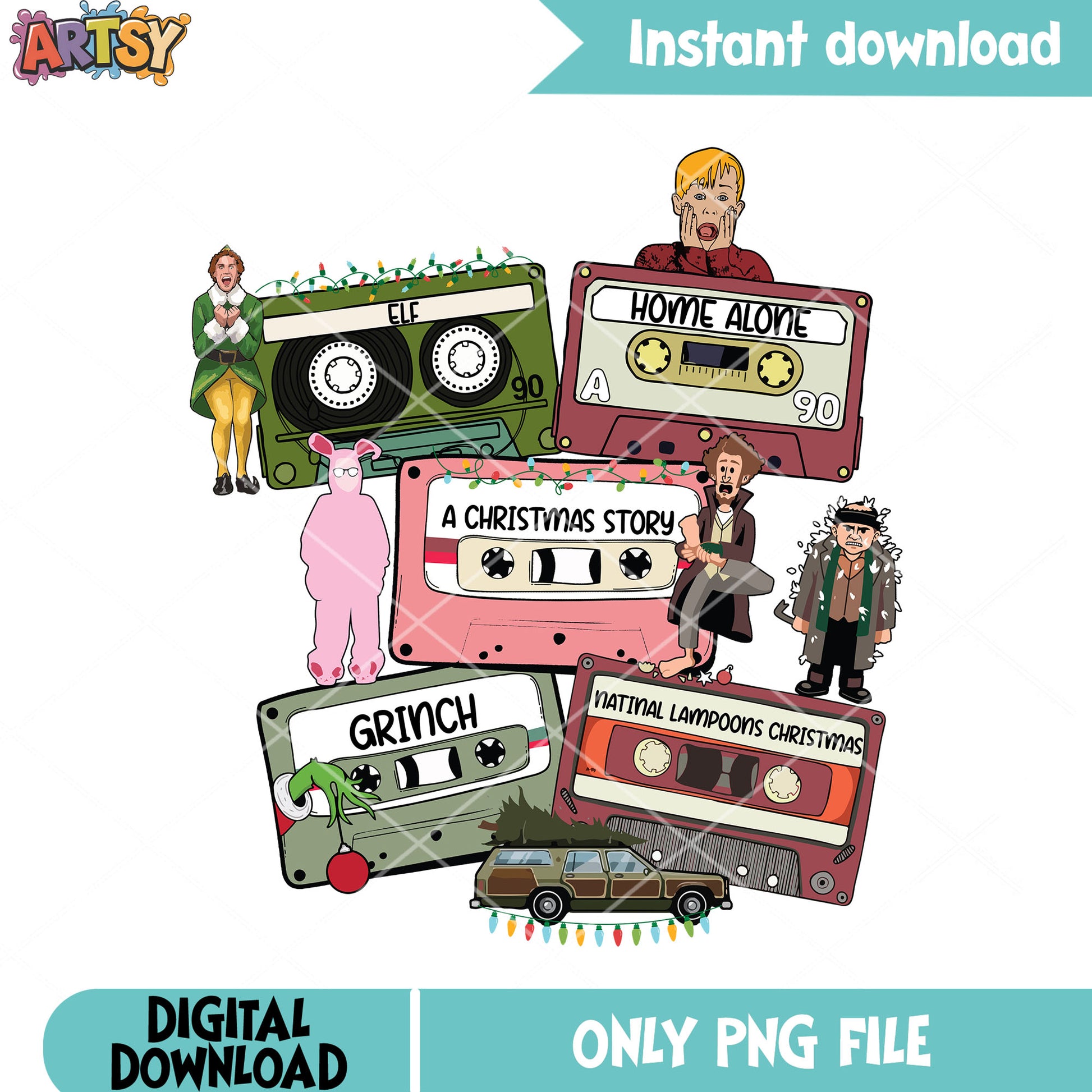 Characters cassette  png, classic holiday png, films vintage art png