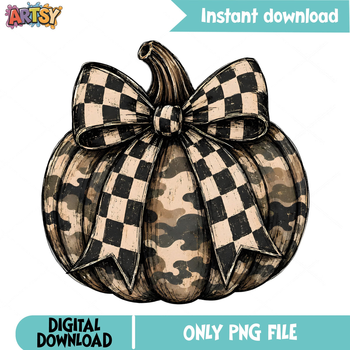 Checkered Camo Pumpkin With Bow PNG, Fall Halloween PNG, Retro Pumpkin PNG