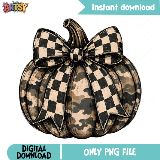 Checkered Camo Pumpkin With Bow PNG, Fall Halloween PNG, Retro Pumpkin PNG
