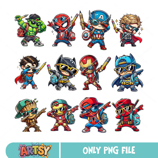 Chibi Superhero School png bundle, school backpack png, marvel chibi​ png