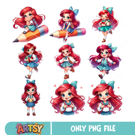 Chibi ariel school png bundle, school girl costume​ png, ariel mermaid​ png