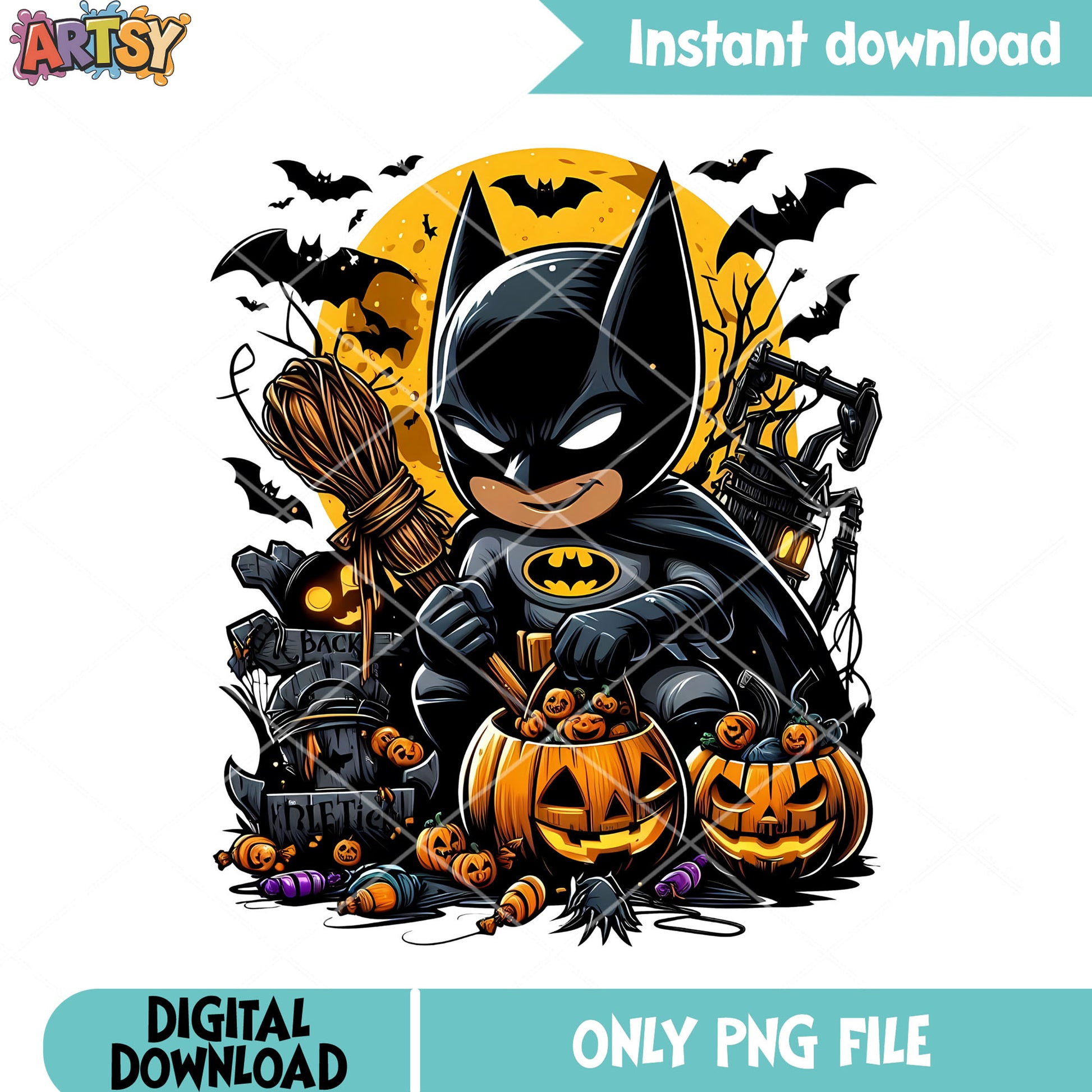 Chibi batman wicker pumpkin png, spooky town png, halloween night png 