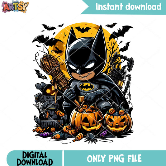 Chibi batman wicker pumpkin png, spooky town png, halloween night png 