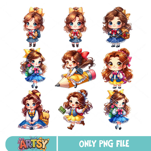 Chibi belle school png bundle, disney belle dress​ png, back to school png