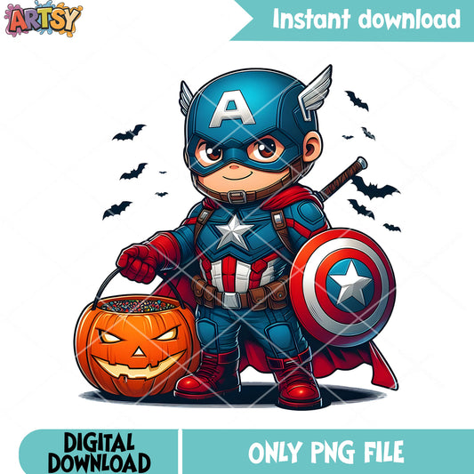 Chibi captain america png, halloween pumpkin png, marvel halloween png