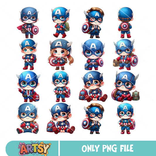 Chibi captain america png bundle, primary school png, captain america​ png