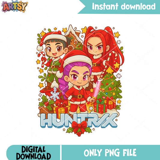 Chibi christmas huntrix png, kpop demon hunters​ png, christmas tree png