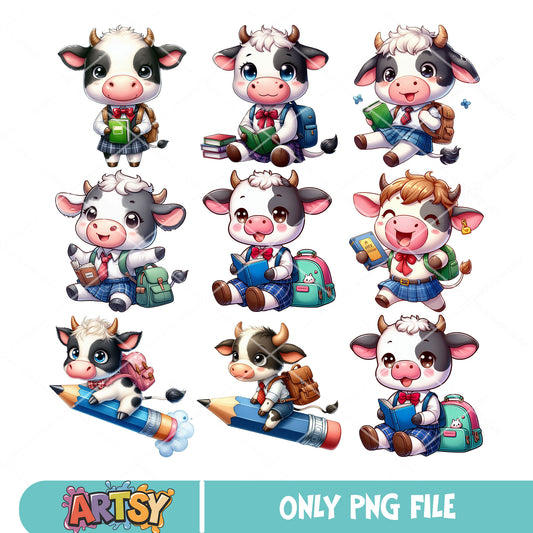 Chibi dairy cow school png bundle, dairy cow​ png, back to school png