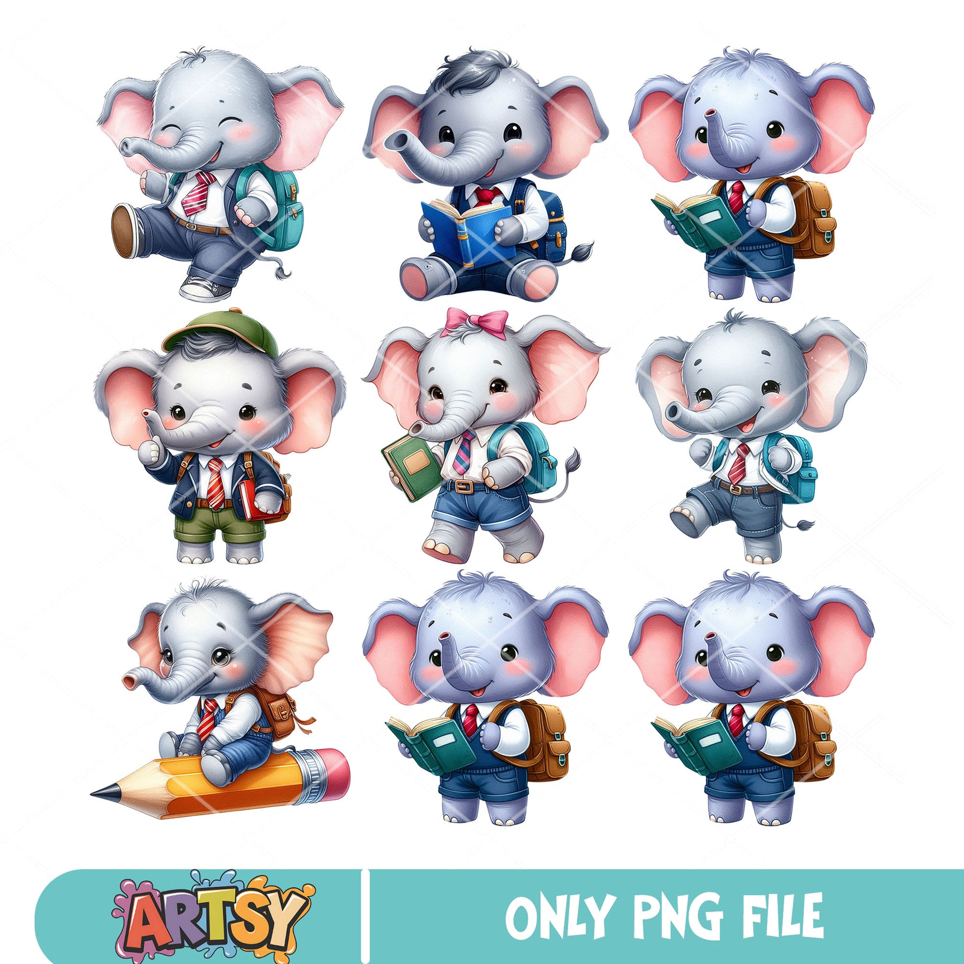 Chibi elephant school png bundle, elephant drawing​ png, school spirits png