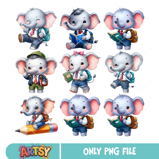 Chibi elephant school png bundle, elephant drawing​ png, school spirits png