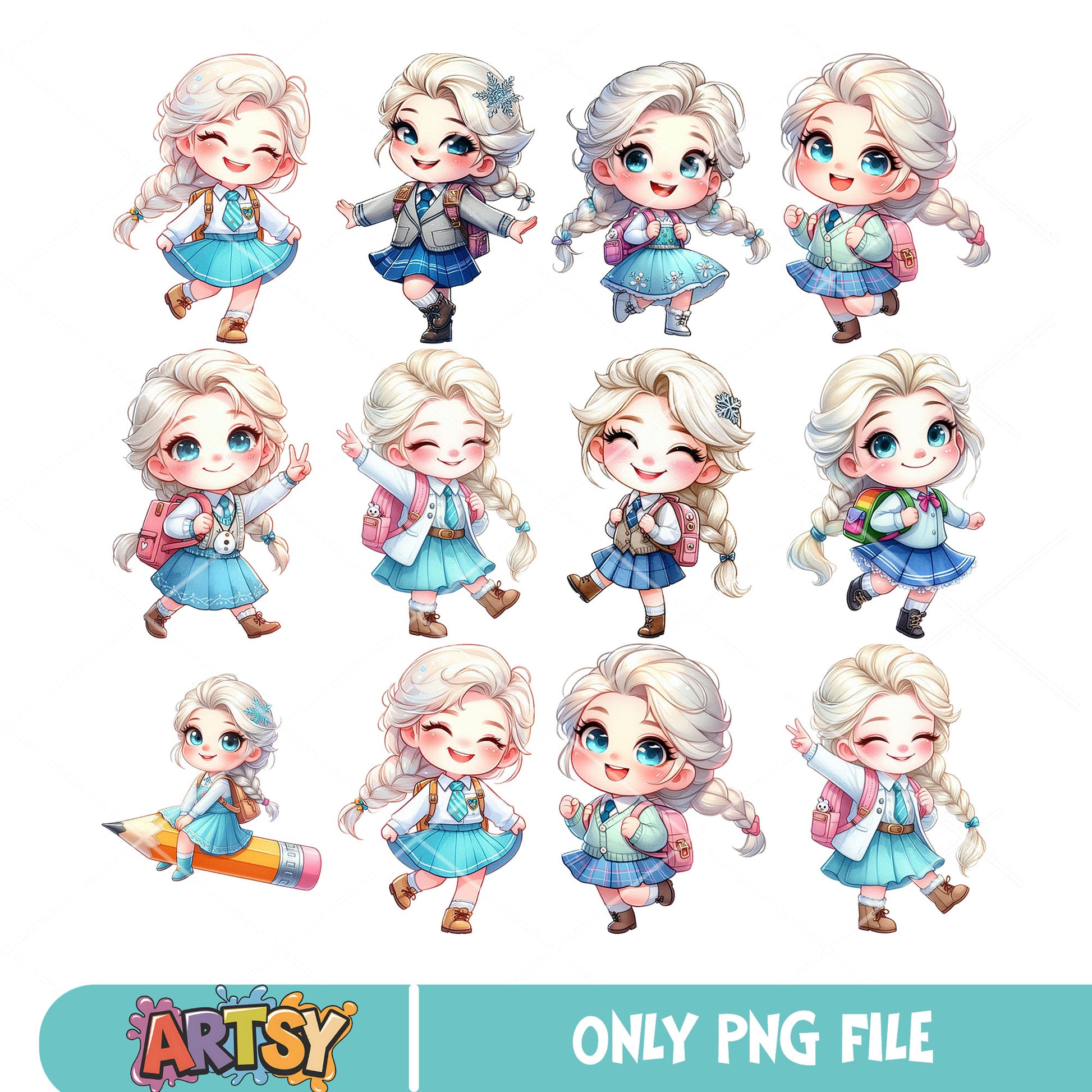Chibi elsa school png bundle, elsa frozen​ png, school uniform png