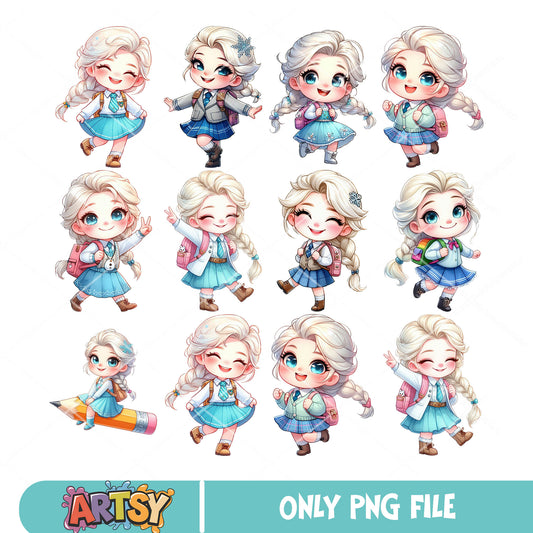 Chibi elsa school png bundle, elsa frozen​ png, school uniform png