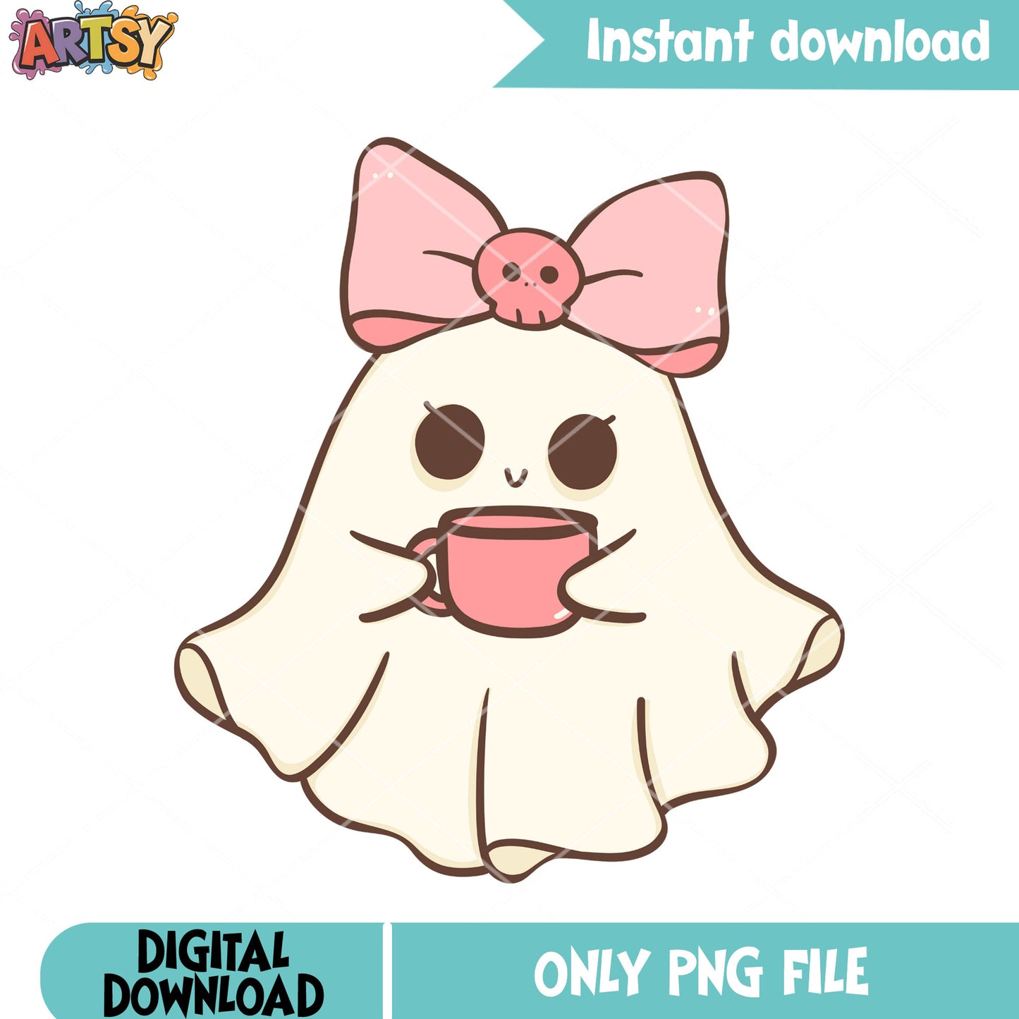 Chibi ghost pink cup png, Pink bow tie png, halloween scary png