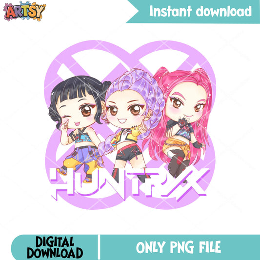 Chibi huntrix and logo png, huntrix netlfix png, kpop demon hunters png