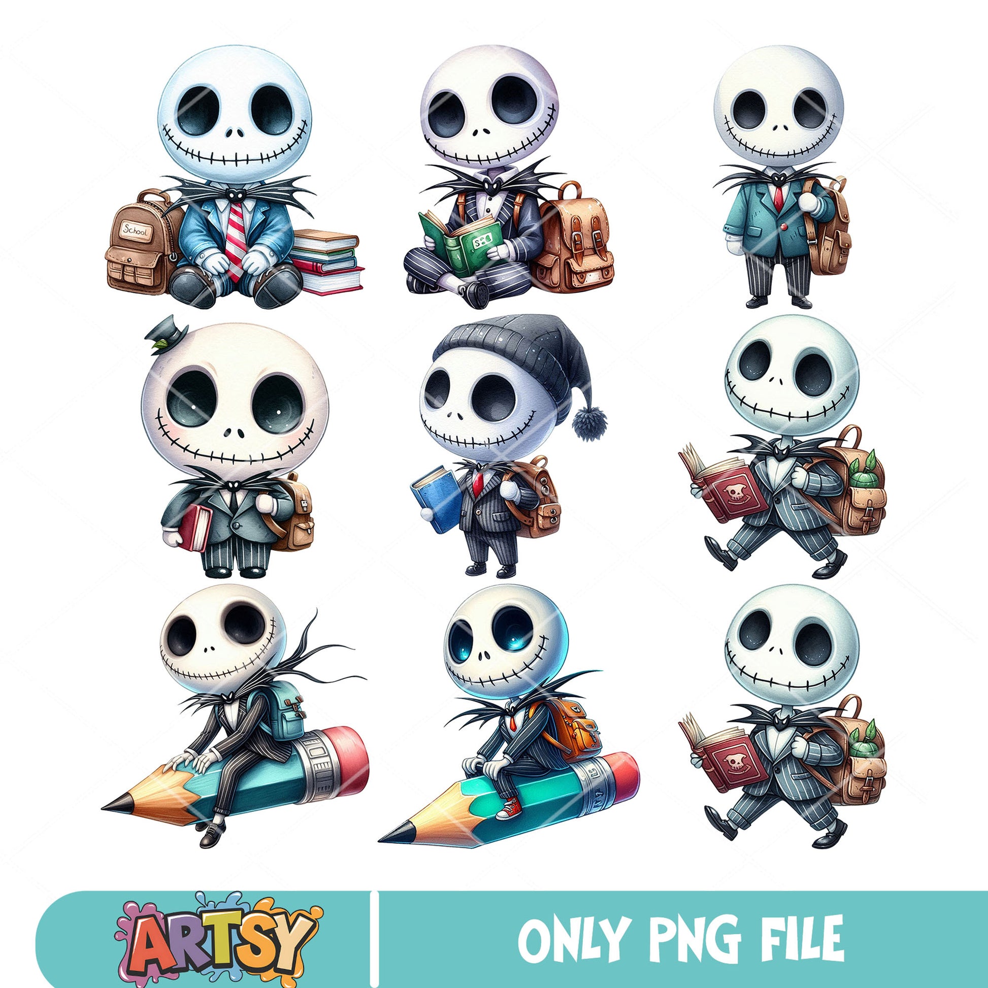 Chibi jack skellingtion school png bundle, jack skellington​ png, school days png