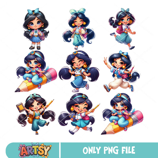 Chibi jasmine school png bundle, jasmine disney princess​ png, school days png