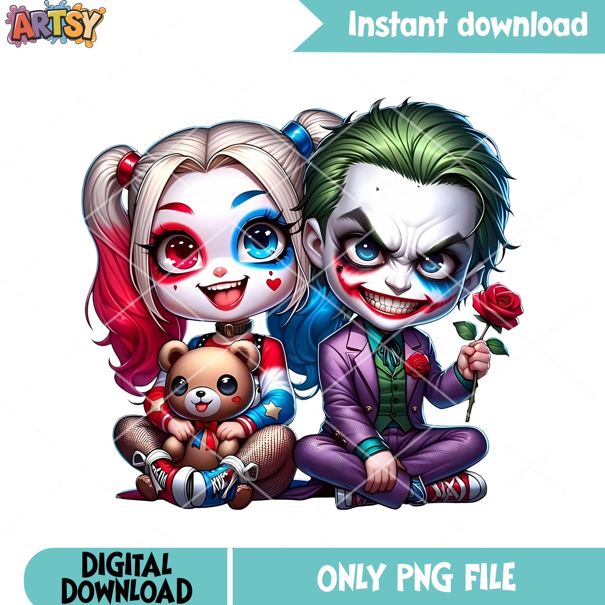 Chibi jocker png, cute halloween costume png, harley quinn costume png