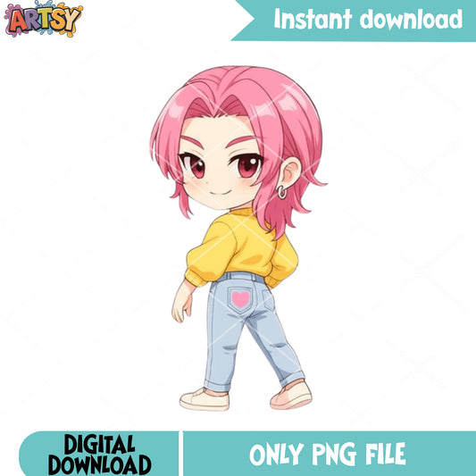 Chibi kpop boy png, pose boy kpop png, boy pink hair png