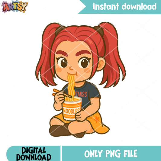 Chibi mira eat noodle png, huntrix ramyeon png, mira huntrix png