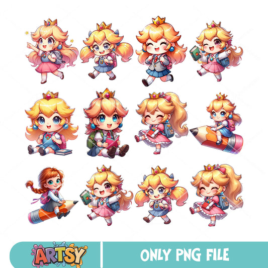 Chibi peach school png bundle, princess peach​ png, back to school png