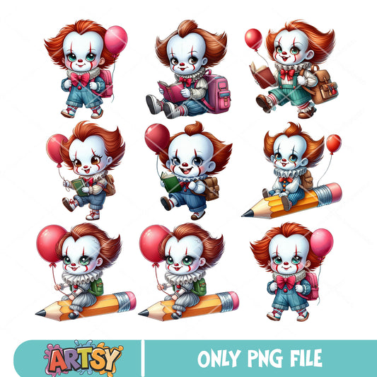 Chibi pennywise school png bundle, pennywise costume png, school spirits png